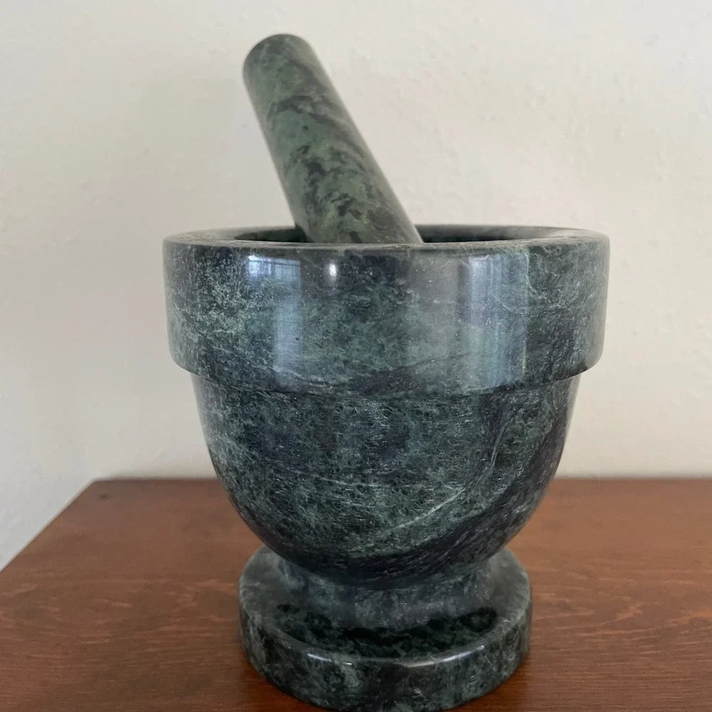 Vintage Natural Green Marble Mortar & Pestle Spice Herb FootedGrinder